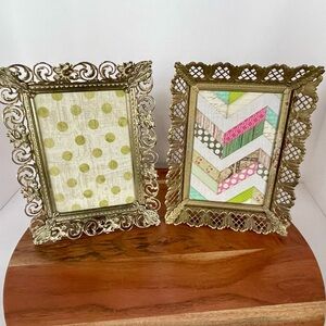 Vintage Ornate Brass Picture Frames Pair 2 Filigree Hollywood Regency Gold 5 x 7